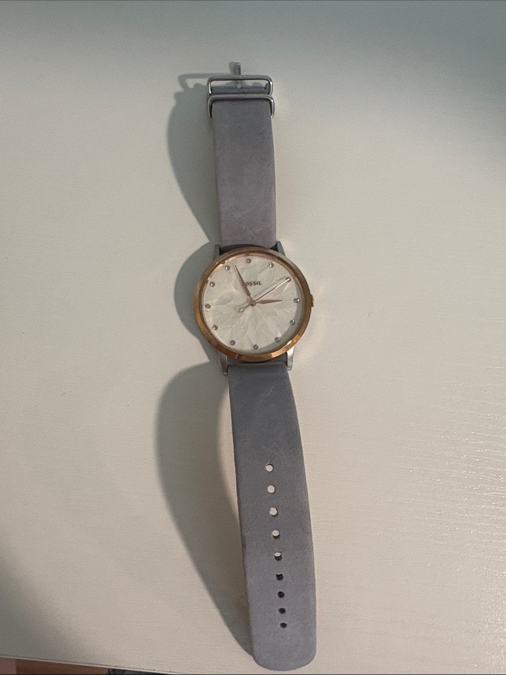 Fossil Gray Leather Strap Watch with Gold-Tone Bezel
